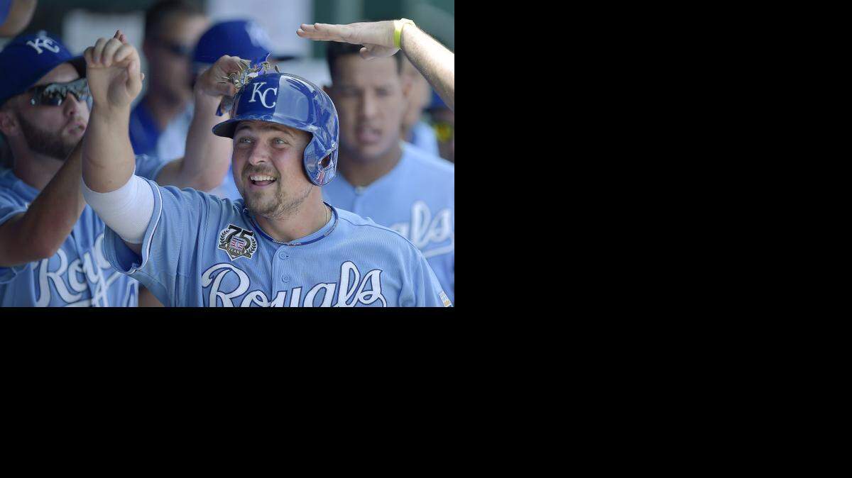 
The Royals’ Billy Butler was greeted in the dugout after scoring on a single by Jarrod Dyson in the second inning of Sunday’s game.
