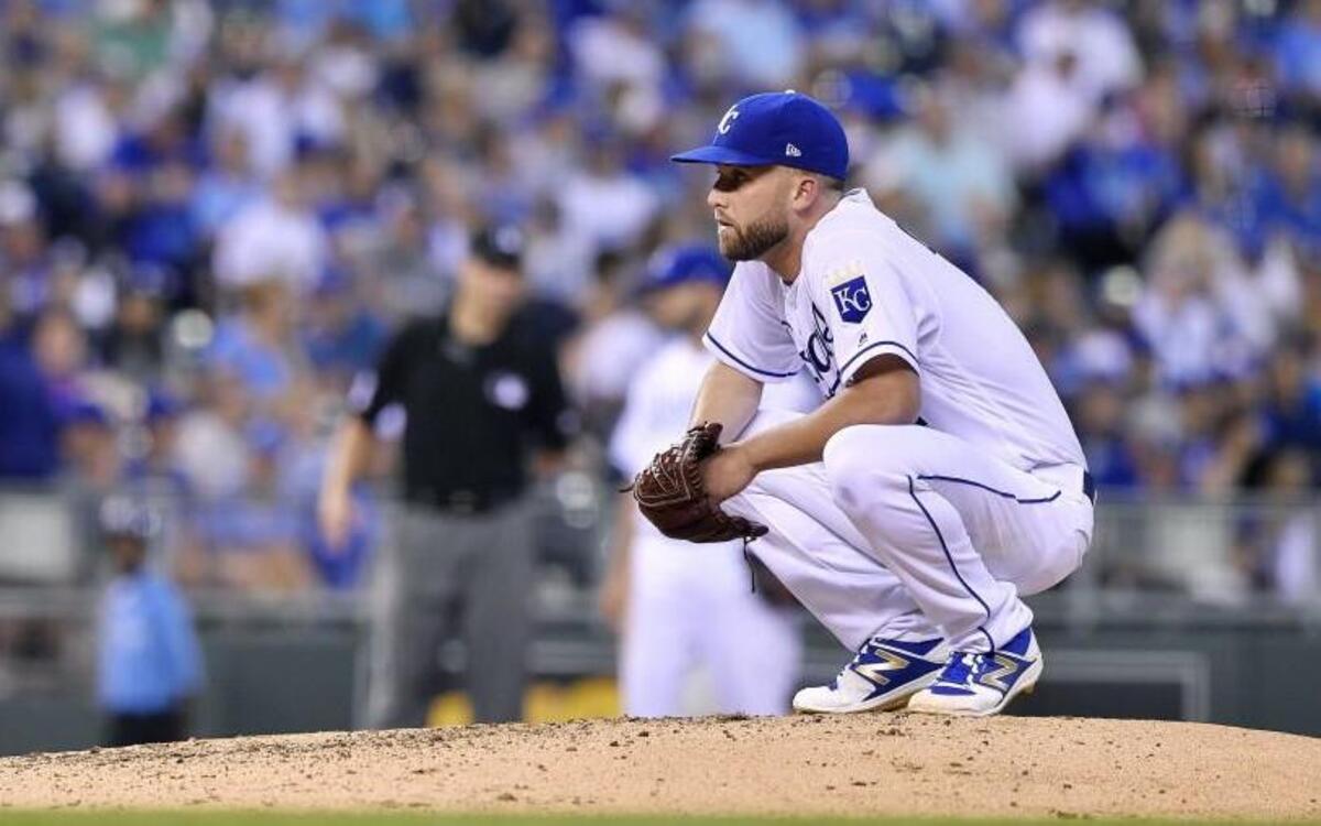 Royals starting pitcher Danny Duffy waits for the replay that ruled Yankees outfielder Jacoby Ellsbury was out at first in the fourth inning on May 18 at Kauffman Stadium.
