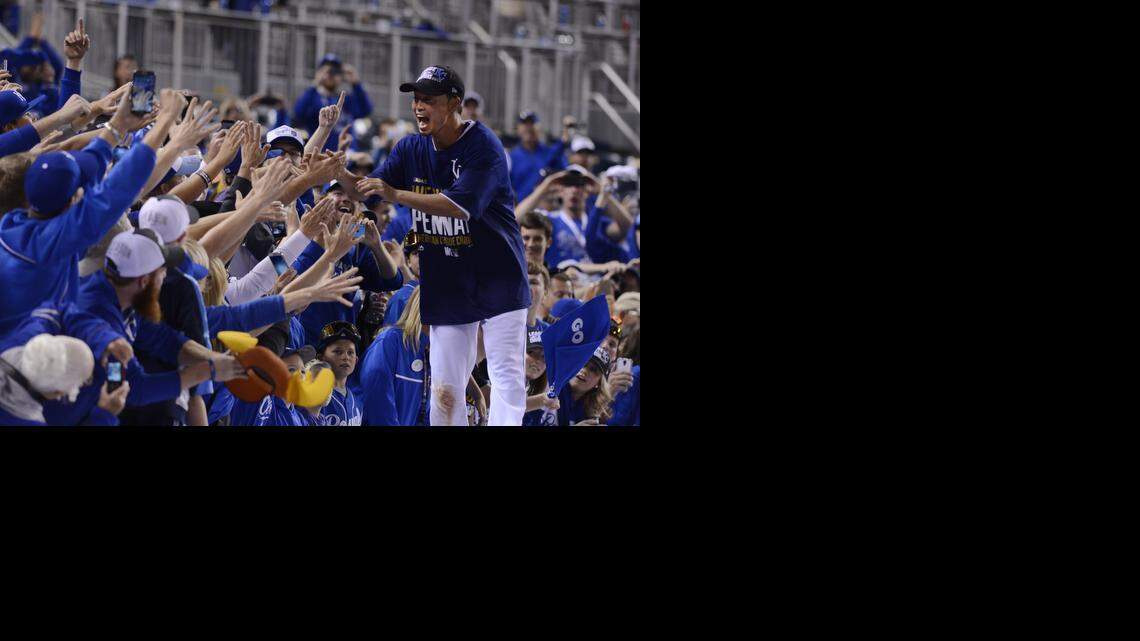 Kansas City Royals right fielder Norichika Aoki celebrated with fans after the ALCS playoff baseball game on Wednesday October 15, 2014 at Kauffman Stadium in Kansas City, MO. The Royals beat the Baltimore Orioles 2-1 to win the ALCS.