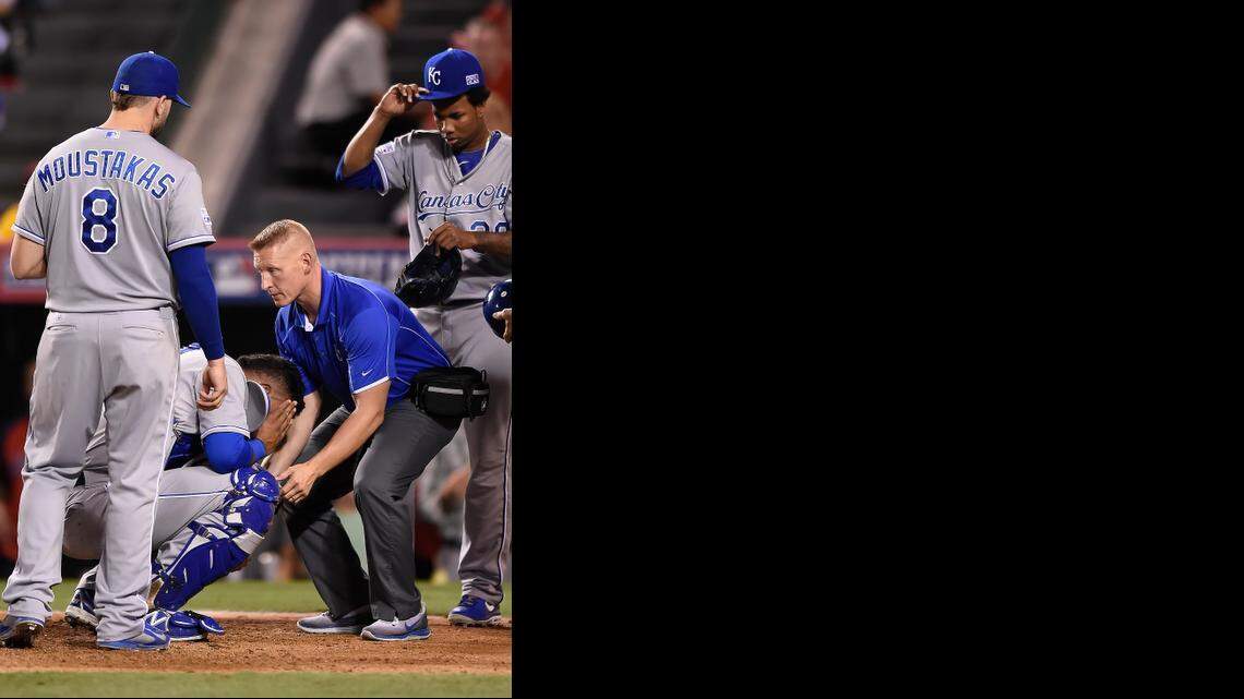 
A trainer rushed to check on catcher Salvador Perez after the Royals player was struck in the head with a bat Friday night.
