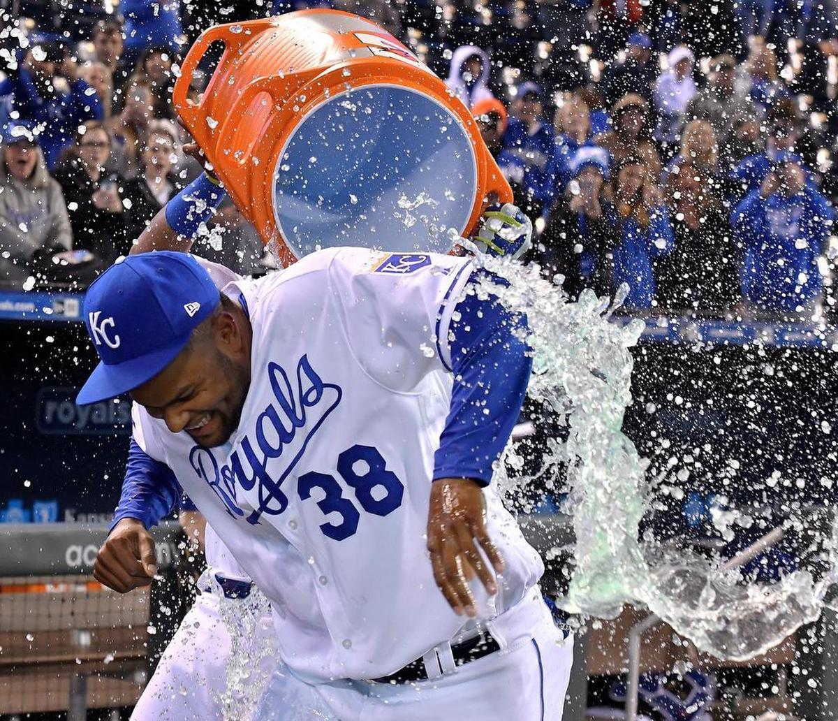The Royals’ Jorge Bonifacio received the Salvy Splash from Salvador Perez after a 6-1 home over the Chicago White Sox last month.