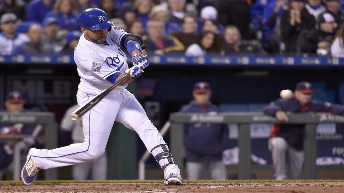 The Royals' Omar Infante connected on a double in the second inning of Friday's baseball game against the Twins Kauffman Stadium.
