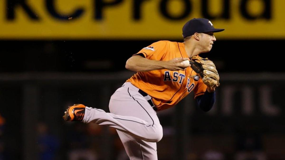 
The Astros’ Carlos Correa nearly delivered an American League Division Series victory to Houston back in Game 4 when he pounded two home runs and added an RBI double, but he went hitless Wednesday in Game 5 in Kansas City. In the third inning on Wednesday, he fielded a ground ball hit by the Royals’ Alex Rios.


