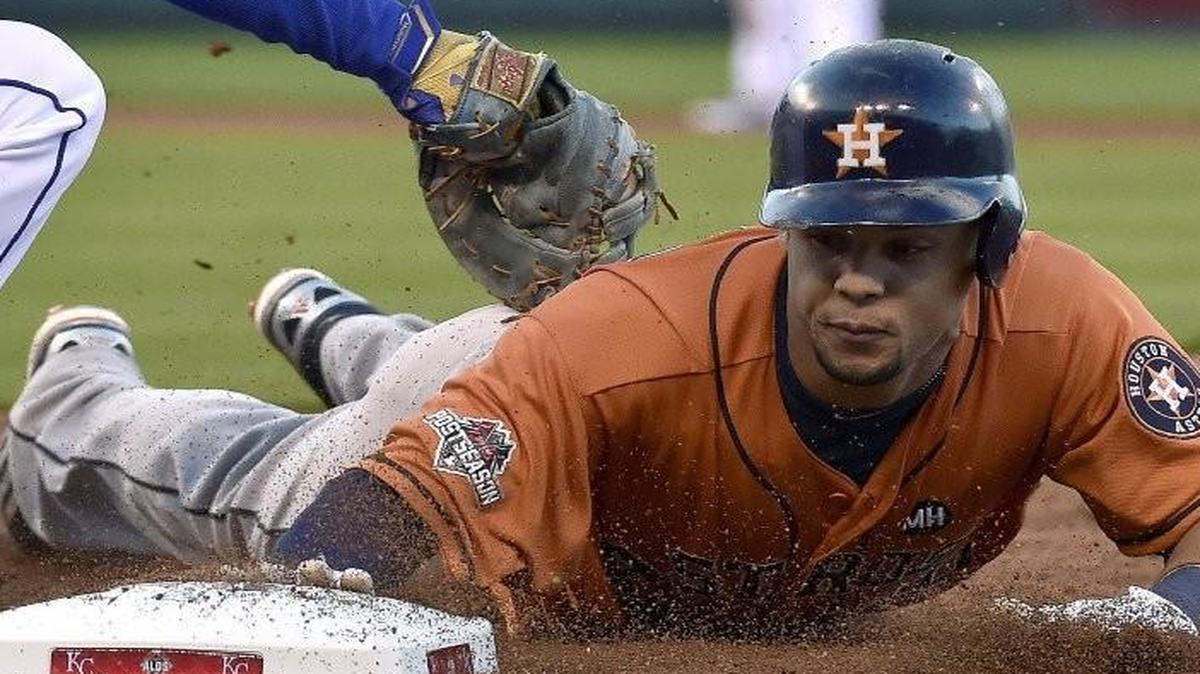
Astros pinch runner Carlos Gomez was tagged out by Royals first baseman Eric Hosmer on a pickoff play in the ninth inning Friday.
