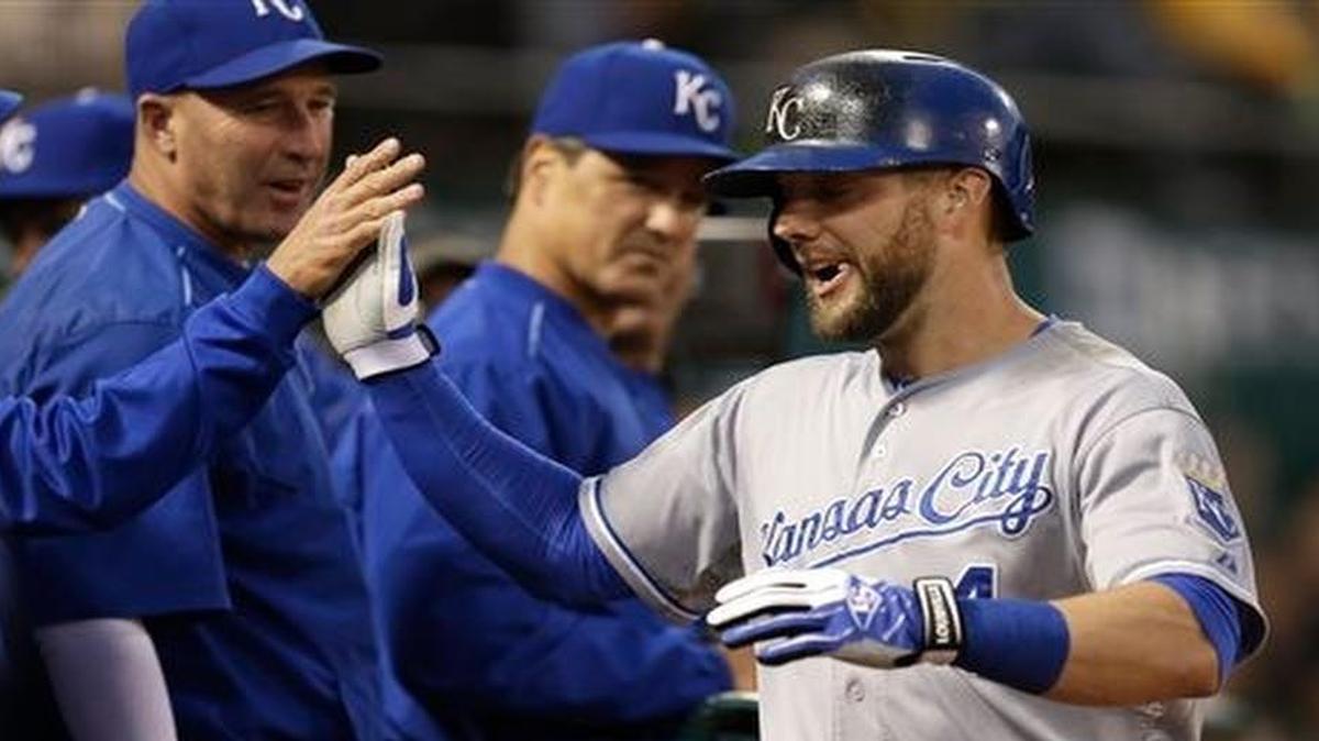 
The Royals' Alex Gordon (right) was congratulated after hitting a home run during Friday’s baseball game against the Athletics in Oakland, Calif.
