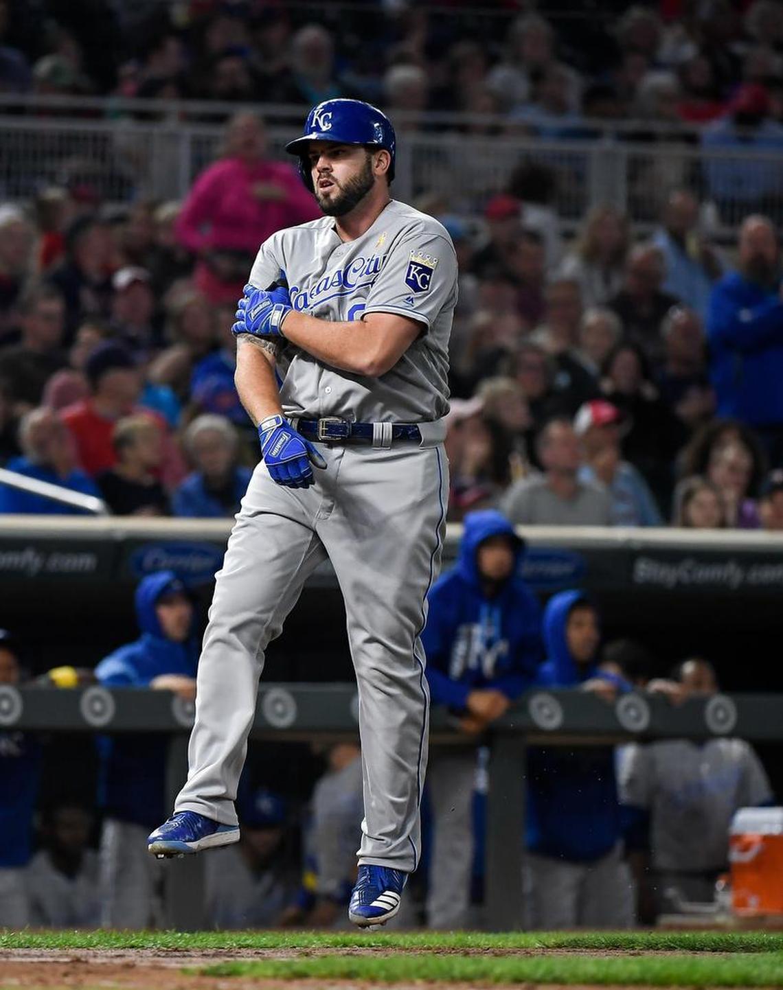 Kansas City Royals third baseman Mike Moustakas tapped the “ACE 30” patch memorializing Yordano Ventura after hitting his 36th home run of the season Friday in Minneapolis.