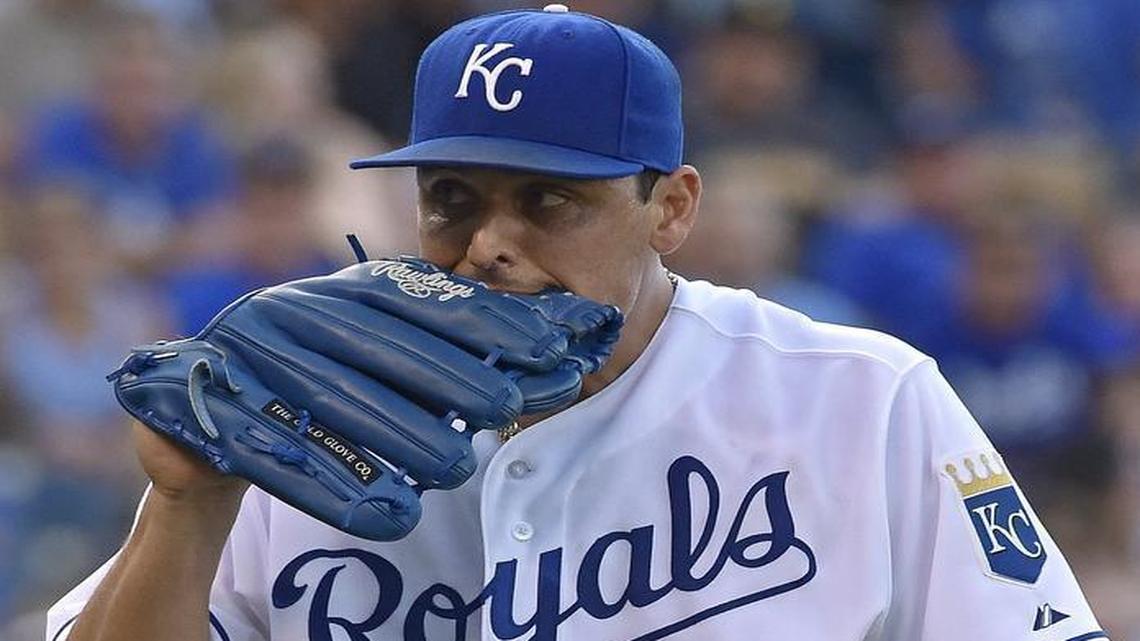 
Kansas City Royals starting pitcher Jason Vargas bit his glove in pain in the second inning after throwing a pitch during Tuesday’s game against the Pittsburgh Pirates.
