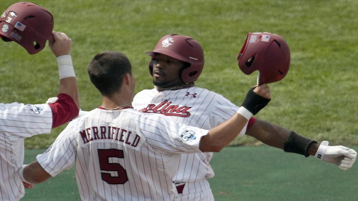 Whit Merrifield and Jackie Bradley Jr. celebrated Bradley’s three-run homer for South Carolina in the College World Series in 2010. Merrifield now plays for the Royals, and Bradley is with the Red Sox.
