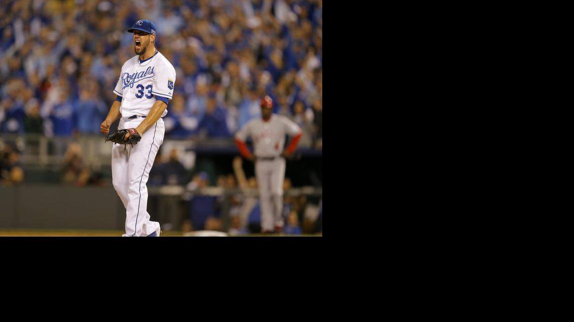 
Kansas City Royals starting pitcher James Shields (33) reacts after striking out Los Angeles Angels' Chris Iannetta (17) to end the the sixth inning of Game 3 of baseball's AL Division Series in Kansas City, Mo., Sunday, Oct. 5, 2014. (AP Photo/Travis Heying) 
