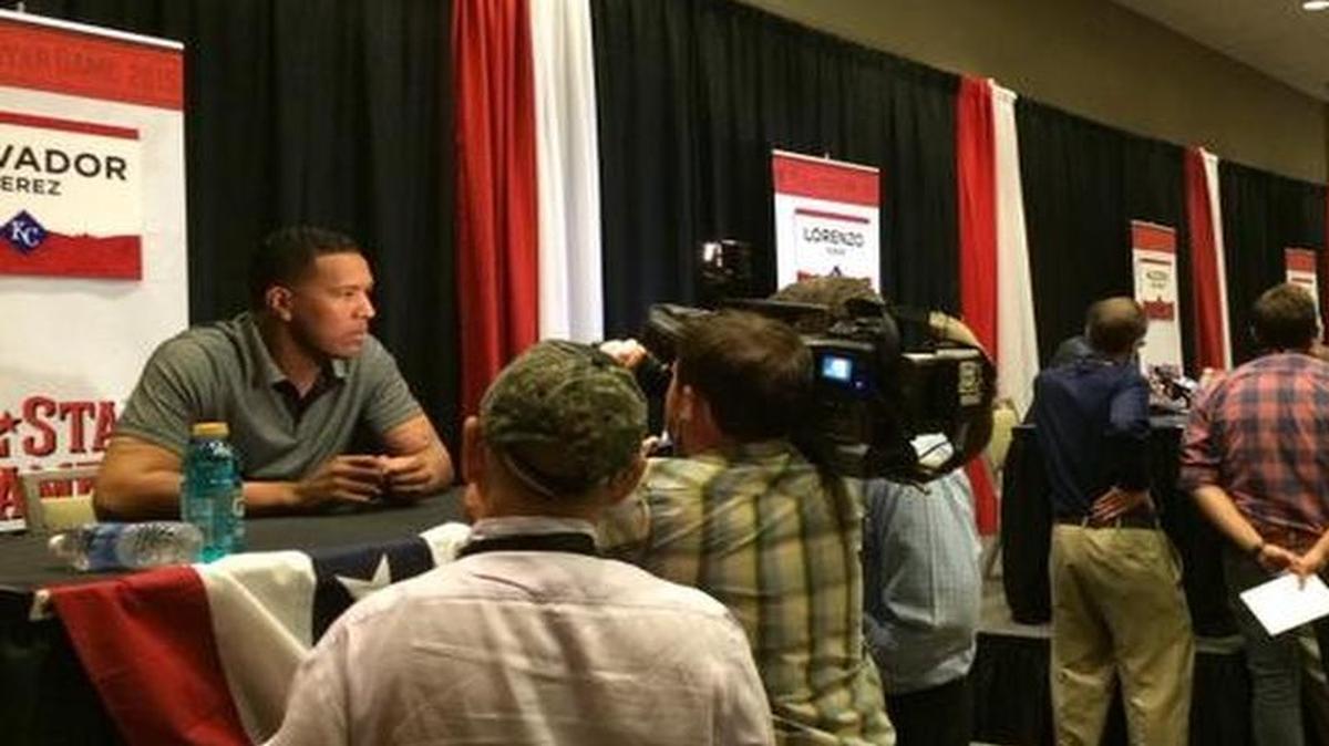 
It was a Royals Takeover Monday during Media Day festivities in Cincinnati, with six players, including Salvy Perez, left, staking out tables in the Westin hotel’s ballroom.
