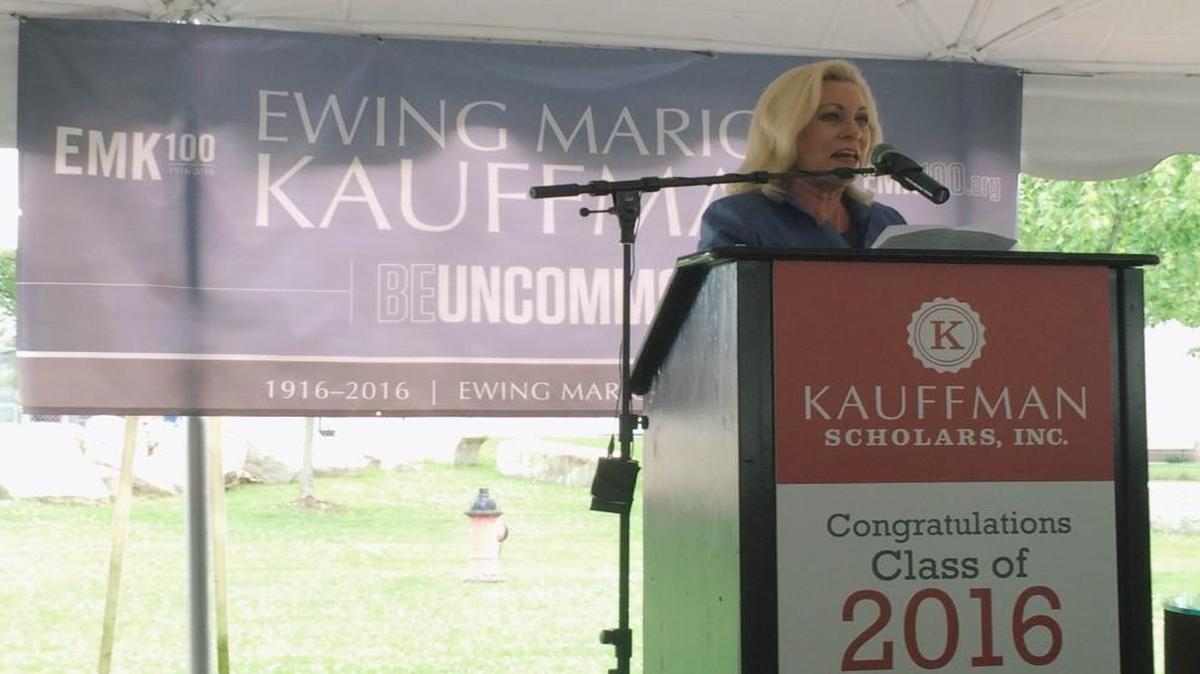 Julia Irene Kauffman announces a $1 million donation to the Royals Youth Baseball Academy project at Kauffman Stadium on Monday afternoon.