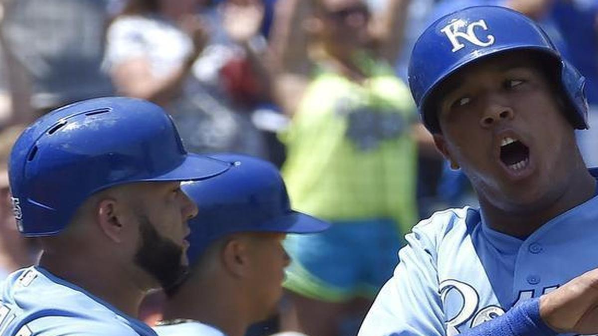 
The Royals' Salvador Perez (13) and Kendrys Morales celebrated after scoring on a double by Omar Infante in the first inning Sunday against the Houston Astros at Kauffman Stadium. The Royals went on to win the game 5-1.
