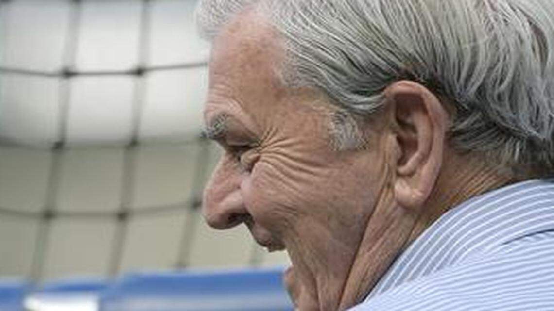 
Kansas City Royals owner David Glass visited with New York Yankees bench coach Tony Peña before a June 7, 2014, game at Kauffman Stadium in Kansas City.
