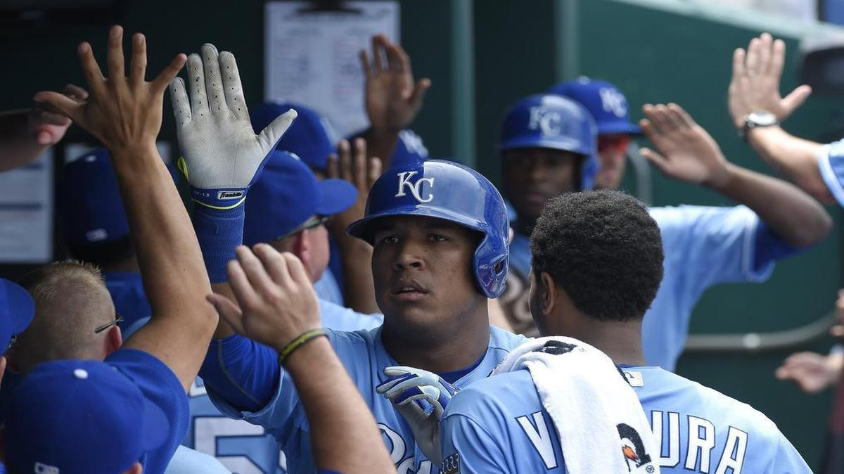 
Royals catcher Salvador Perez was congratulated after hitting a two-run home run that also scored Lorenzo Cain in the fifth inning on July 9 against the Tampa Bay Rays at Kauffman Stadium.
