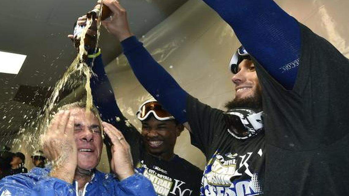 
James Shields (far right) gave Royals general manager Dayton Moore a champagne shower following Friday’s playoff-clinching game at Chicago. Shields came to Kansas City with a reputation of being a workhorse, and he’s lived up to that — he led the AL with 456 innings pitched over the last two years.
