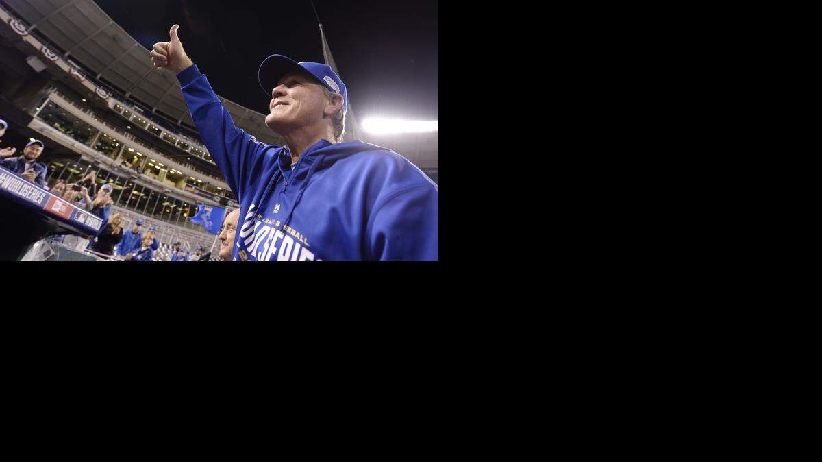 
After all of the San Francisco Giants celebration was completed, Kansas City Royals manager Ned Yost came back out to thank the Kansas City Royals fans after losing game seven of the World Series 3-2 on Wednesday, October 29, 2014 at Kauffman Stadium in Kansas City, Mo.
