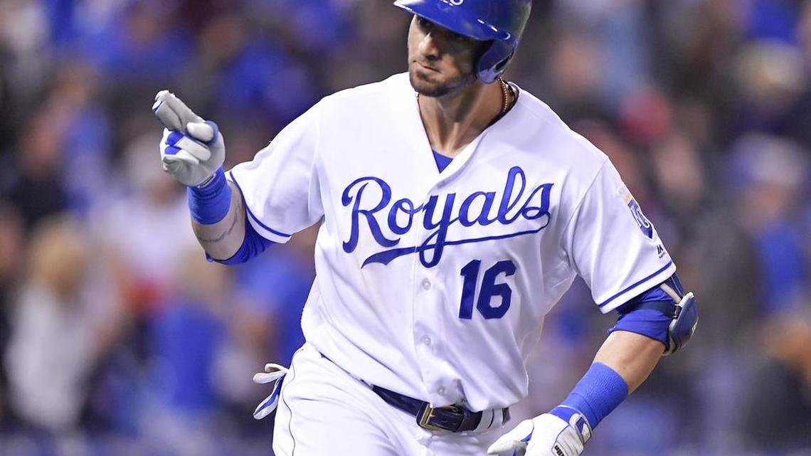 Royals’ Paulo Orlando signals to the dugout after hitting a two run home run in the seventh inning Wednesday against the Detroit Tigers at Kauffman Stadium.