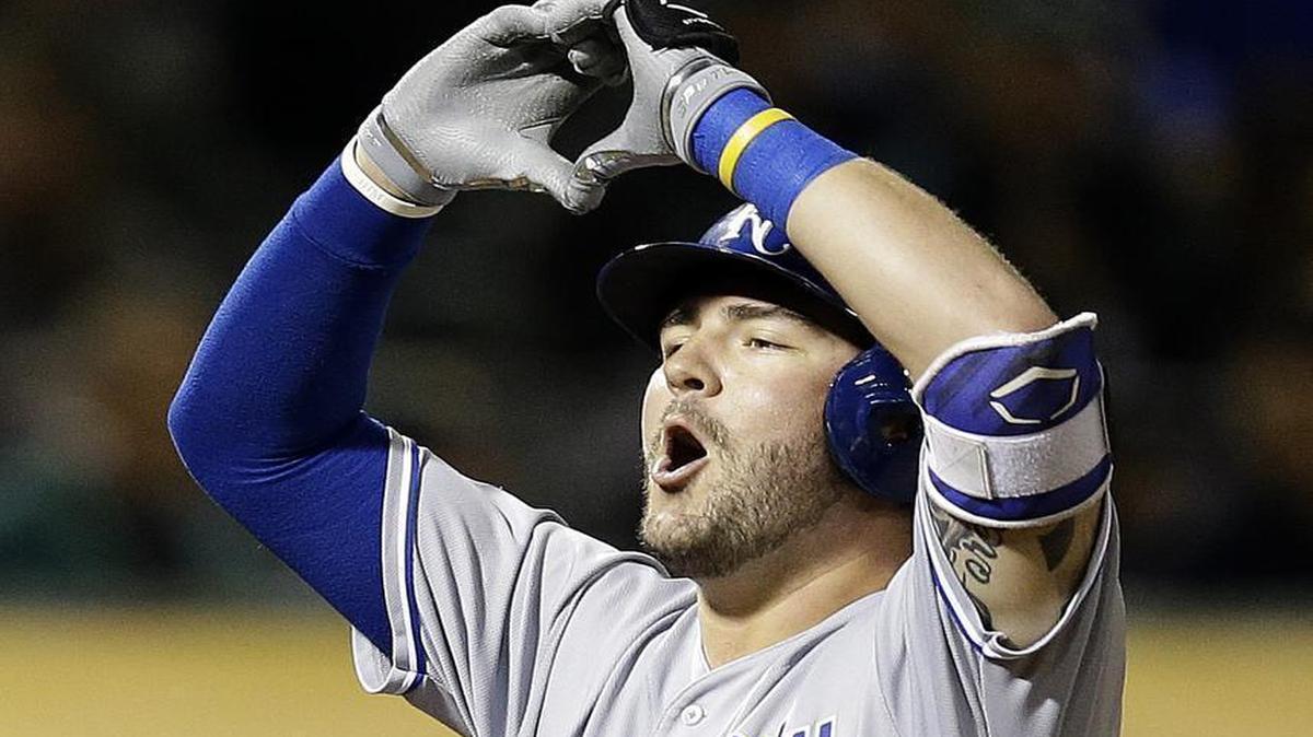 Royals rookie Cam Gallagher celebrated after hitting a grand slam against the Athletics’ Jharel Cotton in the sixth inning of Monday’s game in Oakland, Calif.