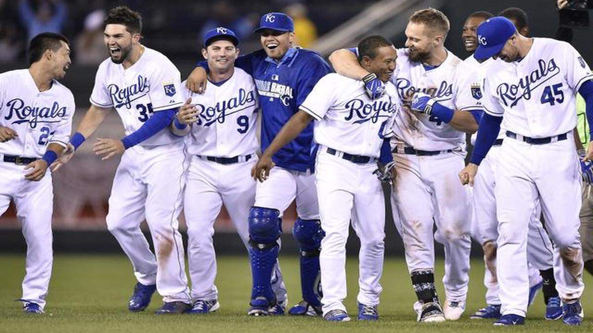 
The Kansas City Royals celebrate their 4-3 win over the Chicago White Sox during Monday's baseball game on September 15, 2014 at Kauffman Stadium in Kansas City, Mo.
