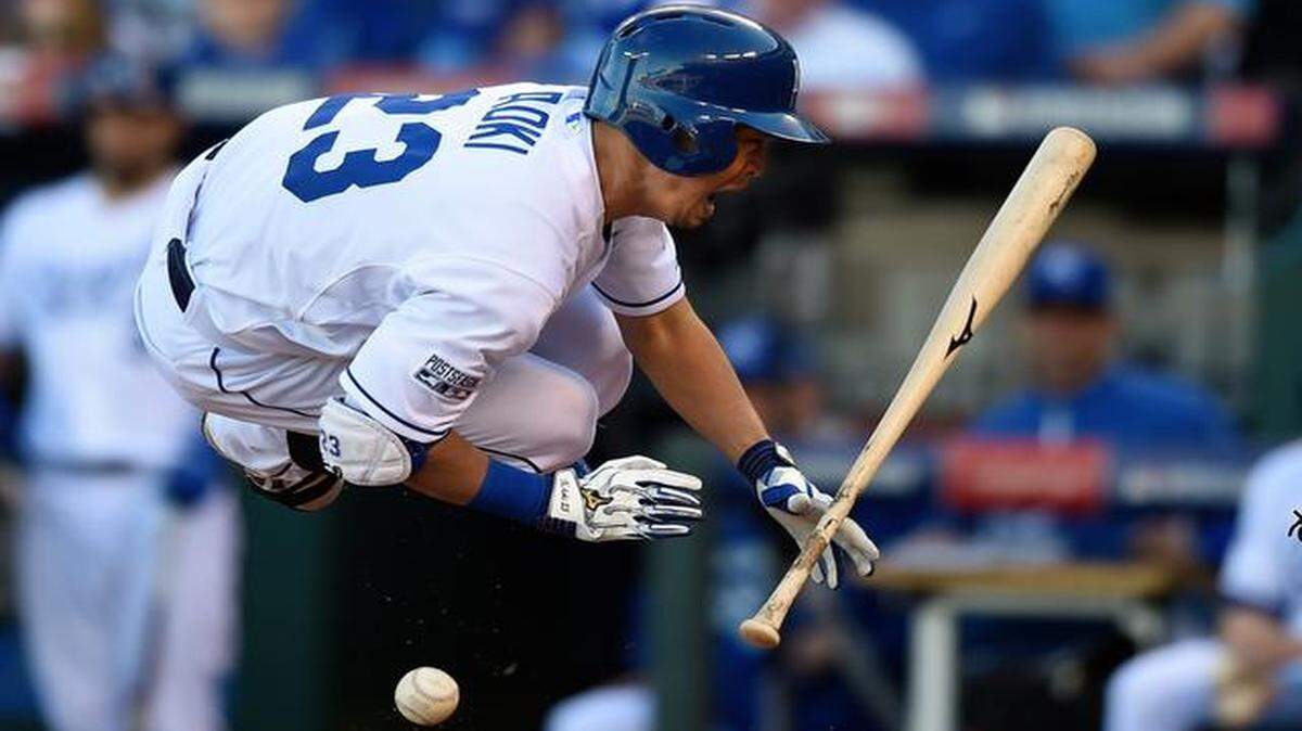 Royals outfielder Nori Aoki leaped after being hit by a pitch from Orioles pitcher Miguel Gonzalez in the first inning and ended up scoring on an error.<252><137>reacted after being hit by a pitch from Baltimore Orioles starting pitcher Miguel Gonzalez during the second inning at ALCS playoff baseball game on Wednesday October 15, 2014 at Kauffman Stadium in Kansas City, MO.<252><137>
