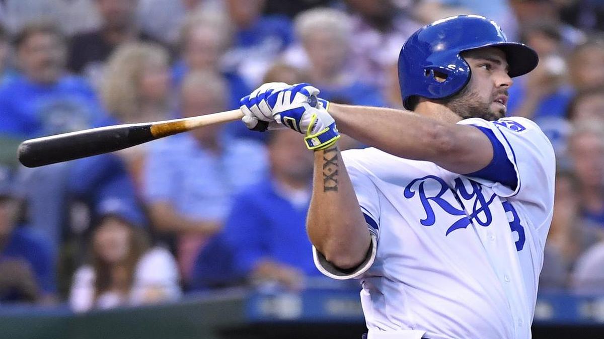 Mike Moustakas, who reaggravated a knee injury Wednesday, was the designated hitter Thursday night instead of playing third base.