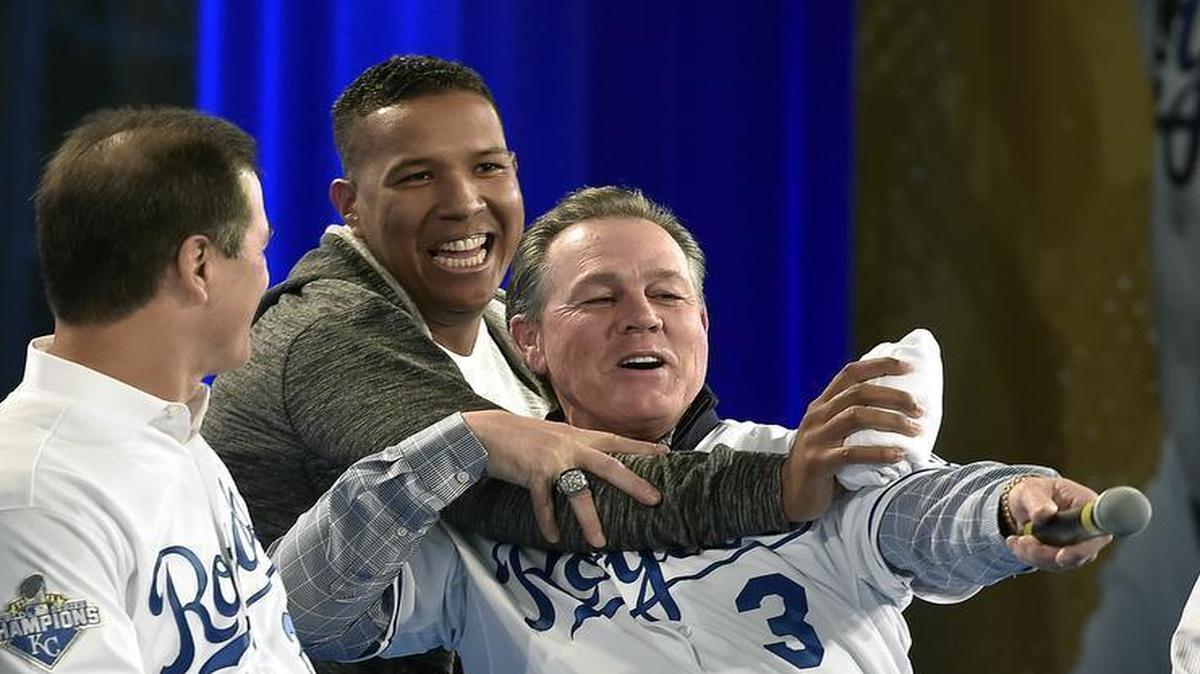Royals catcher Salvador Perez joked around with manager Ned Yost during the Royals FanFest on Friday at Bartle Hall.