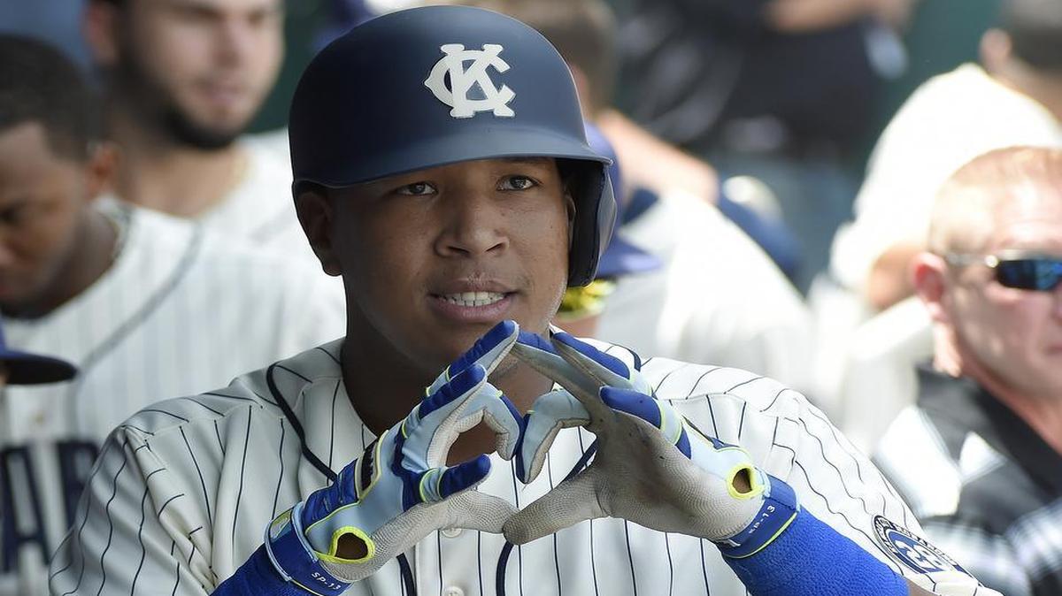 
Kansas City Royals' Salvador Perez displays a heart after hitting a solo home run in the the May 17 game against the New York Yankees at Kauffman Stadium.
