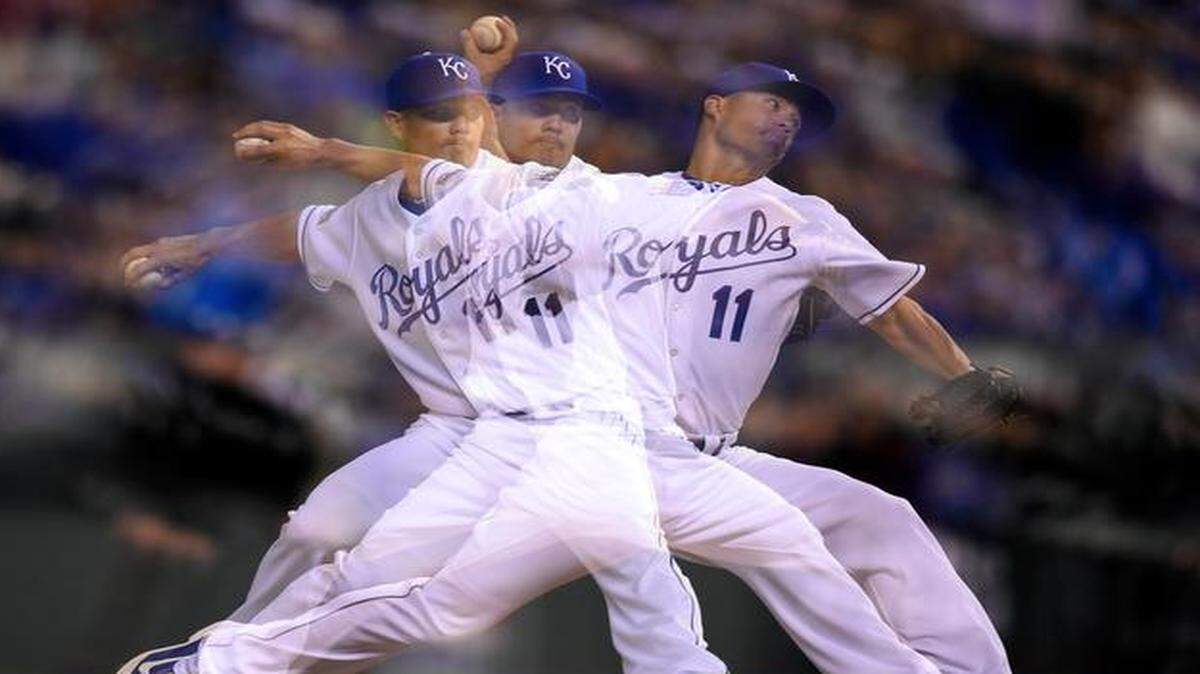 
Kansas City Royals starting pitcher Jeremy Guthrie is captured with a multiple exposure as he pitch at Tuesday’s ALCS playoff baseball game on October 14, 2014 at Kauffman Stadium in Kansas City, Mo.

