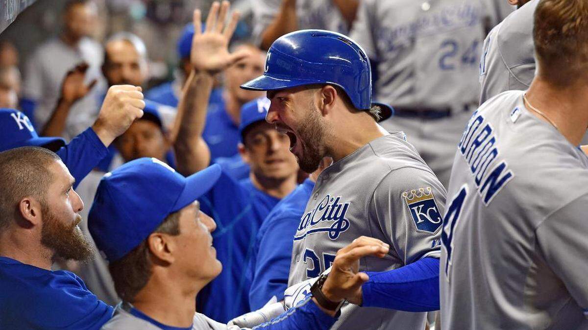 Kansas City Royals first baseman Eric Hosmer was welcomed into the dugout after hitting a two-run homer in the ninth inning during Monday's ALDS baseball game on October 12, 2015 at Minute Maid Park in Houston, Tex.