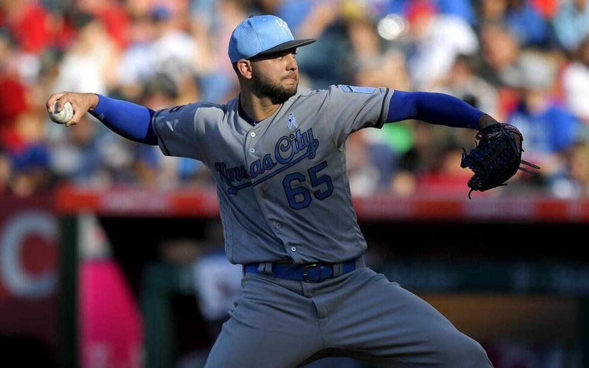 Royals starting pitcher Jake Junis got knocked around early by the Angels on Saturday night in Anaheim, Calif.