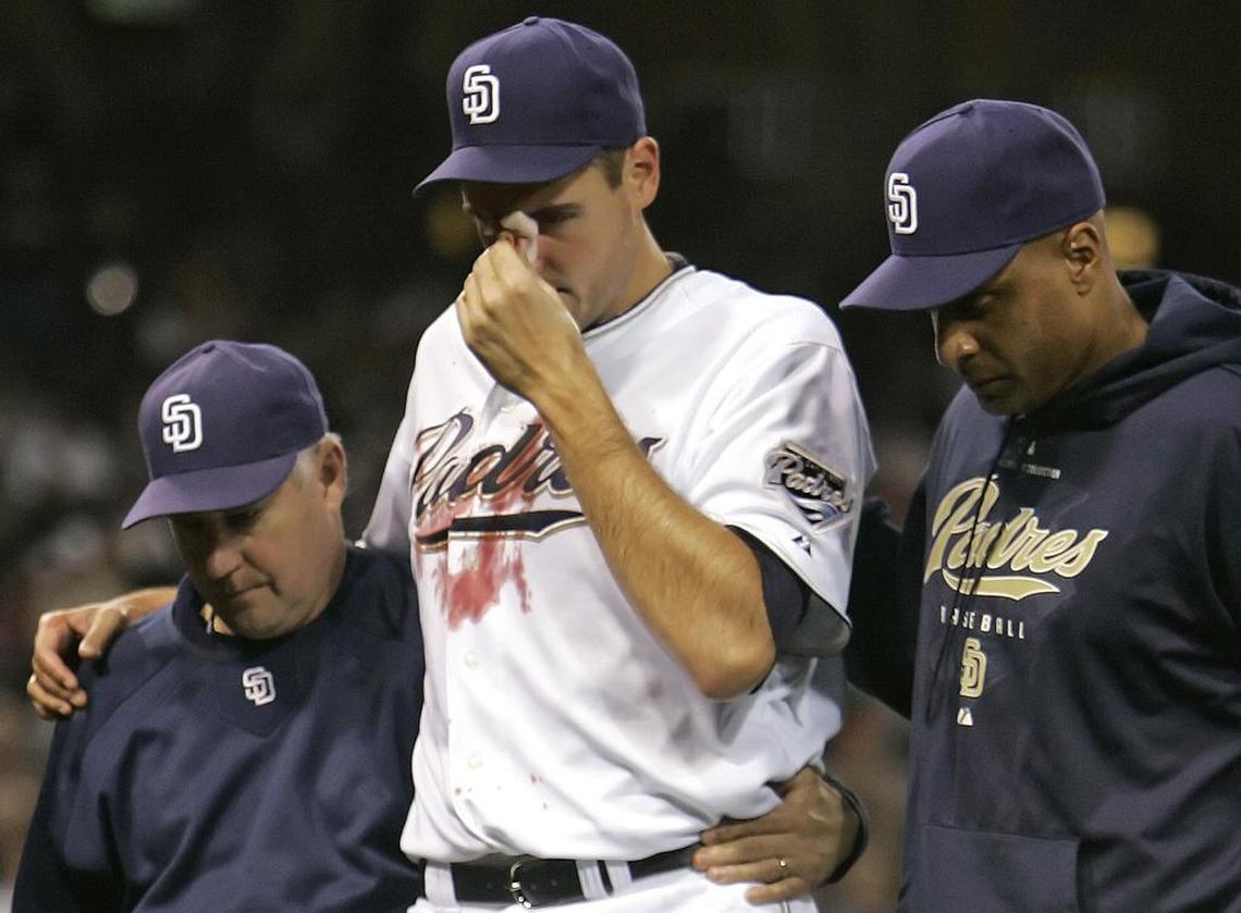 San Diego Padres starter Chris Young was helped from the field after being struck in the face by an Albert Pujols line drive in a 2008 game against the Cardinals.