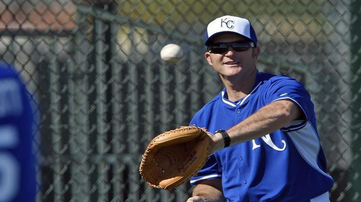 
Mike Sweeney was on hand to play some catch with George Brett during spring training in February. Sweeney will join Brett in the Royals Hall of Fame on Saturday.
