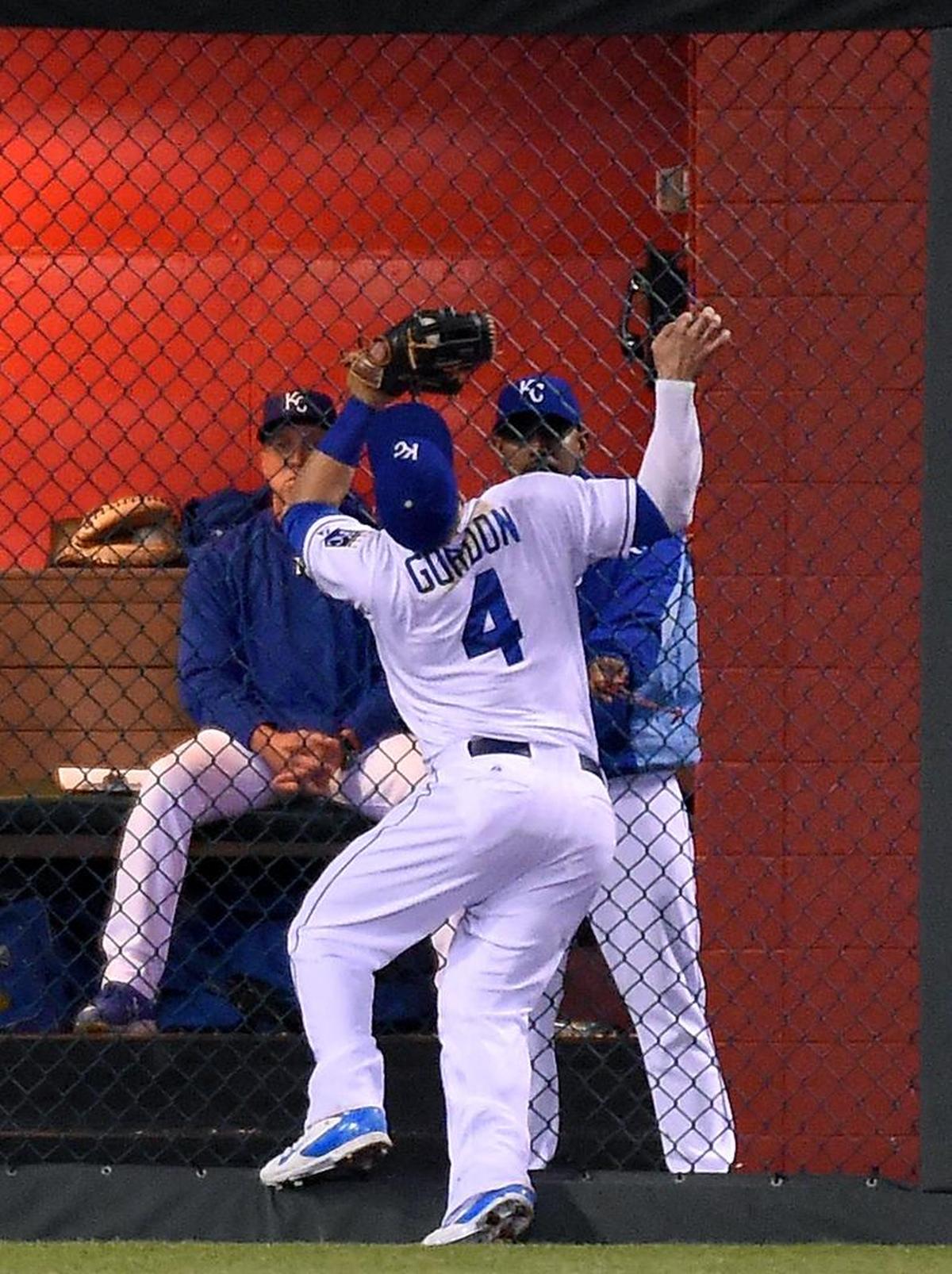 Kansas City Royals left fielder Alex Gordon hit the bullpen fence after catching a fly ball out on the Reds’ Todd Frazier to end the top of the fifth inning May 20 at Kauffman Stadium in Kansas City, Mo.