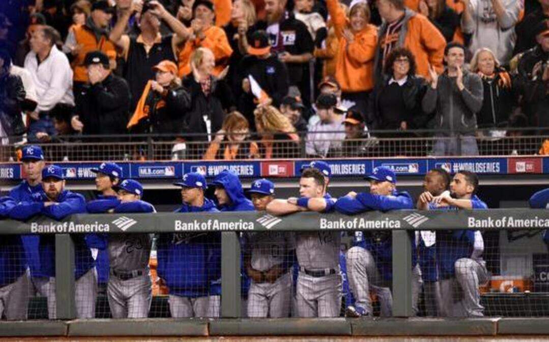 
The Royals dugout appeared glum as players and coaches watched the top of the ninth inning of game five of the World Series against the Giants on Sunday night at AT&T Park in San Francisco. The Giants beat the Royals 5-0 and lead the best-of-seven Series 3-2.
