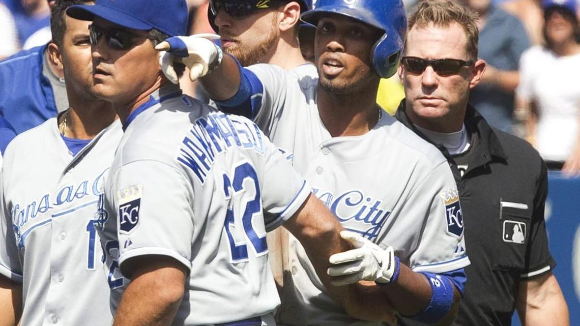 
On Sunday, Aug. 2, Royals shortstop Alcides Escobar was held back by coach Don Wakamatsu as Escobar gestured at Blue Jays pitcher Aaron Sanchez, who was ejected from the game at Toronto for hitting Escobar. Both benches emptied during the melee. Toronto wound up winning the game 5-2.





















