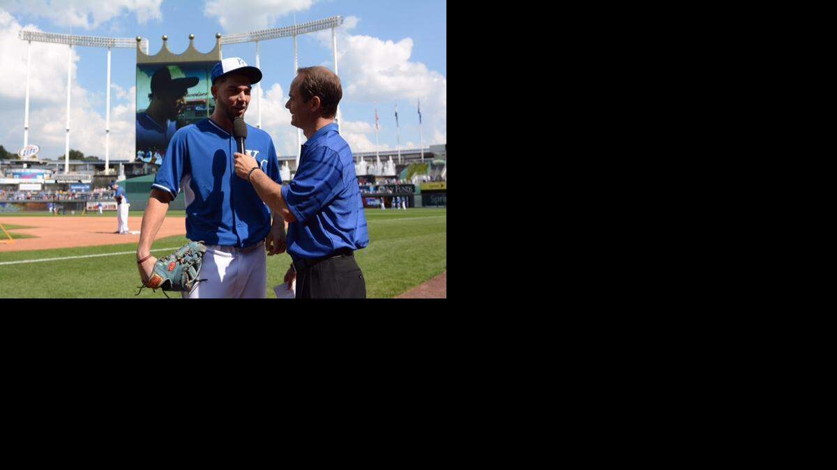 
Eric Hosmer is interviewed by Ryan Lefebvre during the playoff rally last year at Kauffman Stadium.
