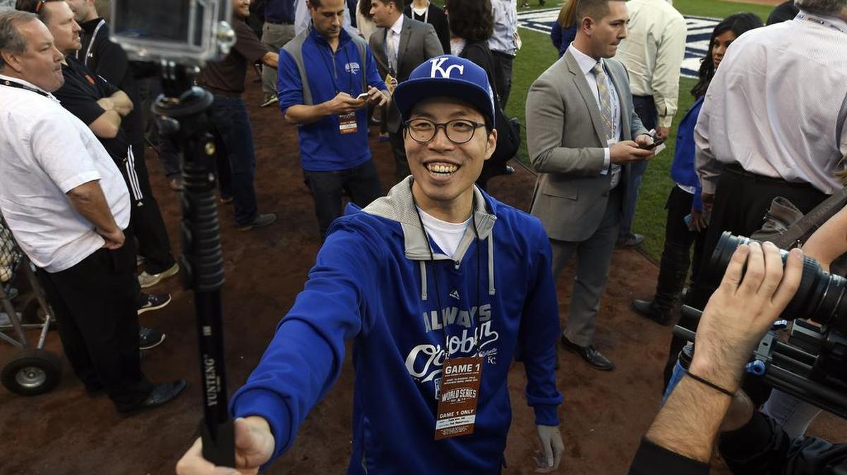 
Royals super fan SungWoo Lee from South Korea shot a video of himself before game one of the World Series on Tuesday, October 21, 2014, at Kauffman Stadium in Kansas City, Mo.
