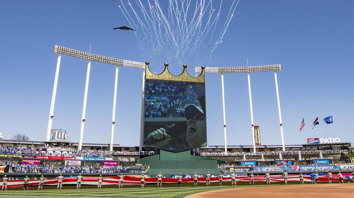 Melissa Etheridge sang the national anthem as a B-2 stealth bomber flew over Kauffman Stadium before the start of the 2017 Kansas City Royals home opener against the Oakland Athletics.