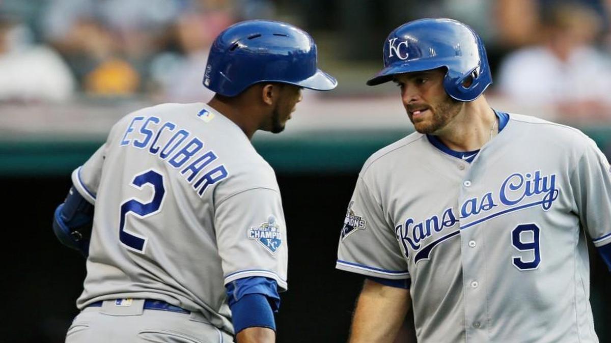 The Royals managed only three hits Friday off Cleveland pitching, but one was a solo homer by Drew Butera (right) in the third. He was congratulated by Alcides Escobar.