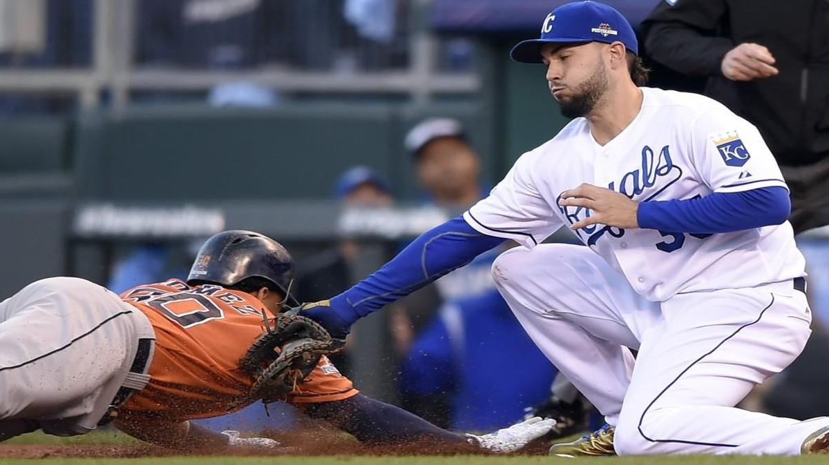 
Royals first baseman Eric Hosmer tagged Astros pinch runner Carlos Gomez out on a pickoff from closer Wade Davis in the ninth inning of Friday's ALDS baseball game at Kauffman Stadium. Gomez was originally called safe but was ruled out after a review.
