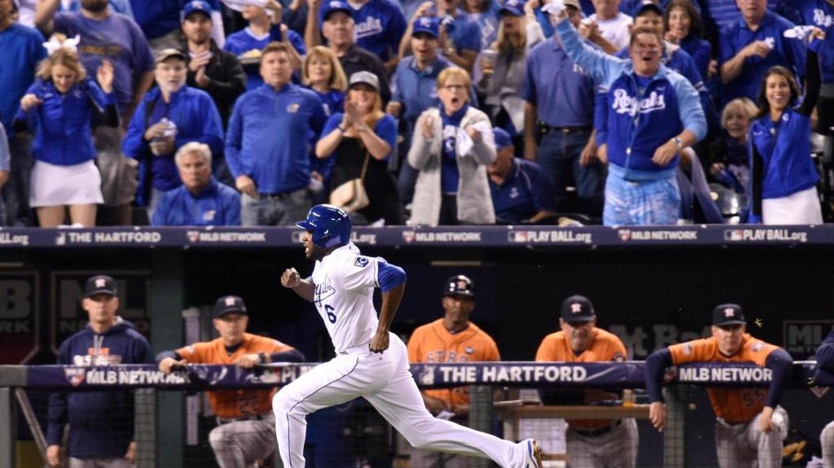 
Royals center fielder Lorenzo Cain came sprinting to home plate as he scored Kansas City’s first run in Wednesday night’s ALDS Game 5 at Kauffman Stadium. Cain was running as Eric Hosmer singled in the fourth inning; when the bloop single landed in shallow center, there was no stopping Cain as he dashed home.


