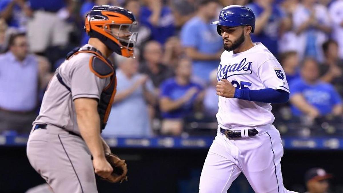 Kansas City Royals first baseman Eric Hosmer scored in front of Houston Astros catcher Evan Gattis on an RBI single by Mike Moustakas during a game this season.