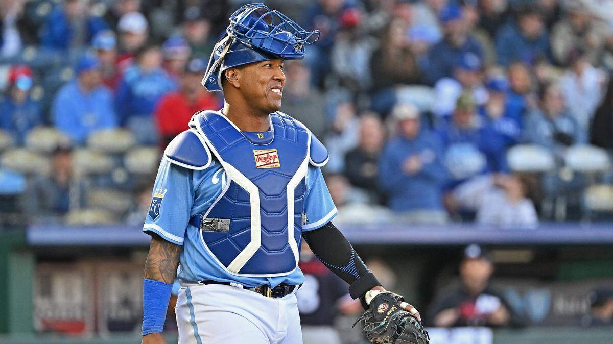 Kansas City Royals catcher Salvador Perez (13) reacts after Kansas City Royals relief pitcher Aroldis Chapman (not pictured) struck out the side during the ninth inning against the Minnesota Twins at Kauffman Stadium on April 1, 2023.