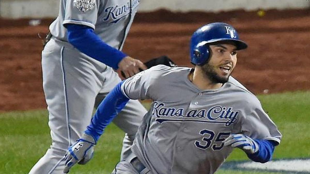 With some encouragement from first-base coach Rusty Kuntz, Eric Hosmer rounded first on his RBI double in the ninth inning of Game 5 on Sunday.
