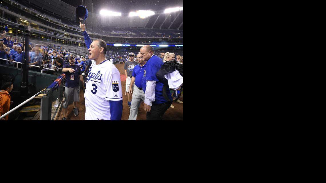 
Kansas City Royals manager Ned Yost (3) acknowledged the cheers of the team's fans after the conclusion of the Royals' 9-8 extra inning walk off AL Wild Card Game victory over the Oakland Athletics at Kauffman Stadium on September 30, 2014.
