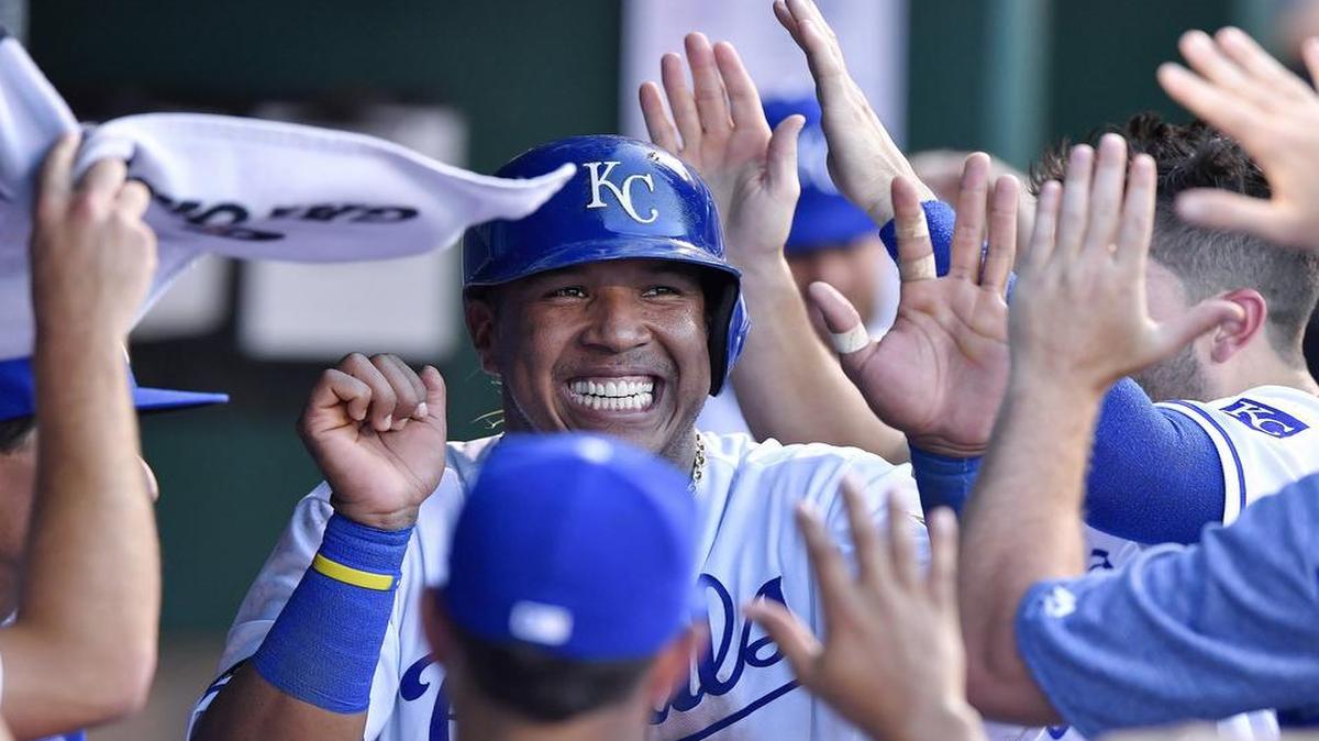 Royals catcher Salvador Perez smiled after scoring on an RBI double by Brandon Moss in the third inning Thursday against the Detroit Tigers at Kauffman Stadium.