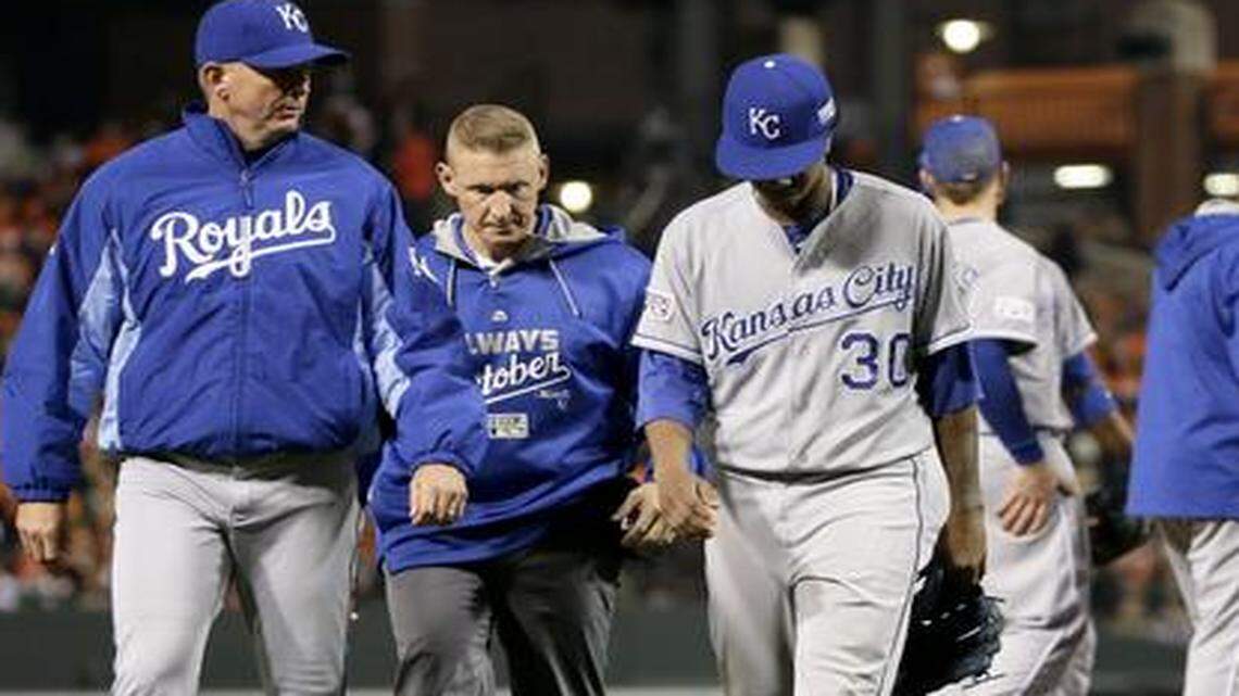 
Yordano Ventura hit 98 mph on the radar gun with his 91st pitch Saturday in game two of the American League Championship Series at Camden Yards. But the 92nd pitch, against Baltimore's Caleb Joseph, was his last. Ventura left the game with two outs in the sixth inning. 
