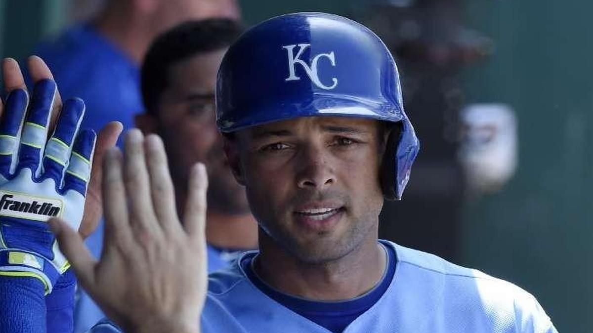 
The Royals’ Alex Rios was greeted in the dugout after scoring on a ground-out by Paulo Orlando in the seventh inning Saturday at Kauffman Stadium.
