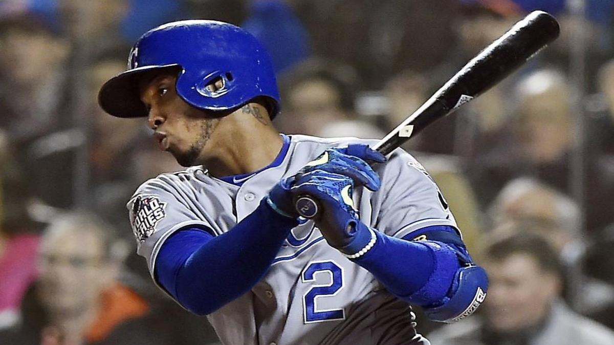 Royals shortstop Alcides Escobar stroked a single leading off Game 4 of the World Series on Oct. 31 against the Mets in New York.