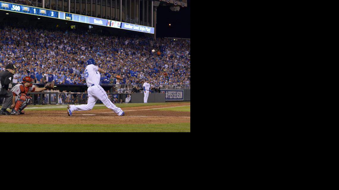 
Kansas City Royals first baseman Eric Hosmer hit a two run home run in the third inning at Sunday's ALDS playoff baseball game on October 5, 2014 at Kauffman Stadium in Kansas City, MO.
